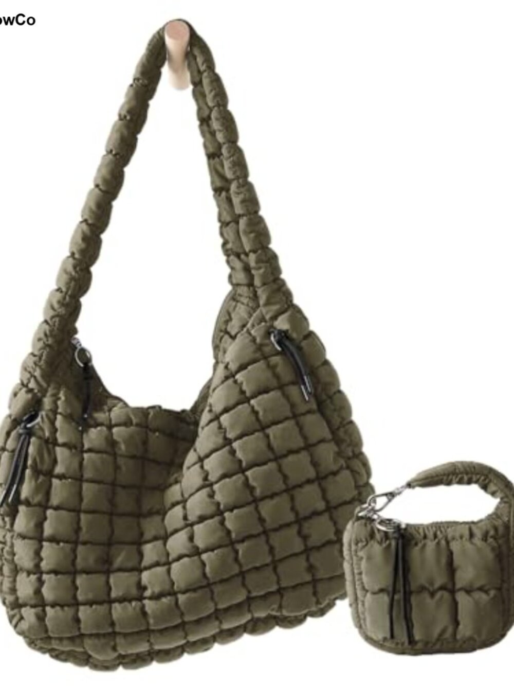 Large Quilted Puffer Tote Bag with Mini Pouch, Nylon, 3-Pocket, Women's